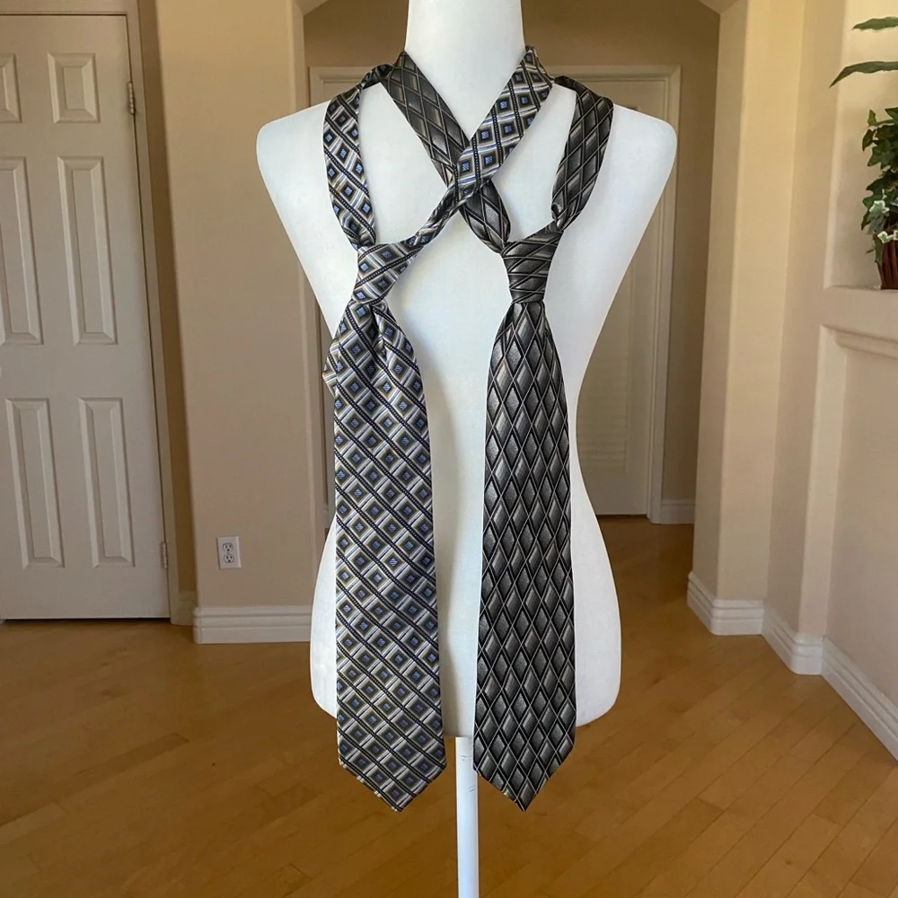 Set of Two Elegant Silk Men's Ties - Black, Blue and Gray